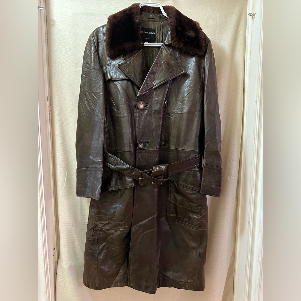 Vintage Saks Fifth Avenue Leather Fur Collar Trench Coat Made in France Small 38